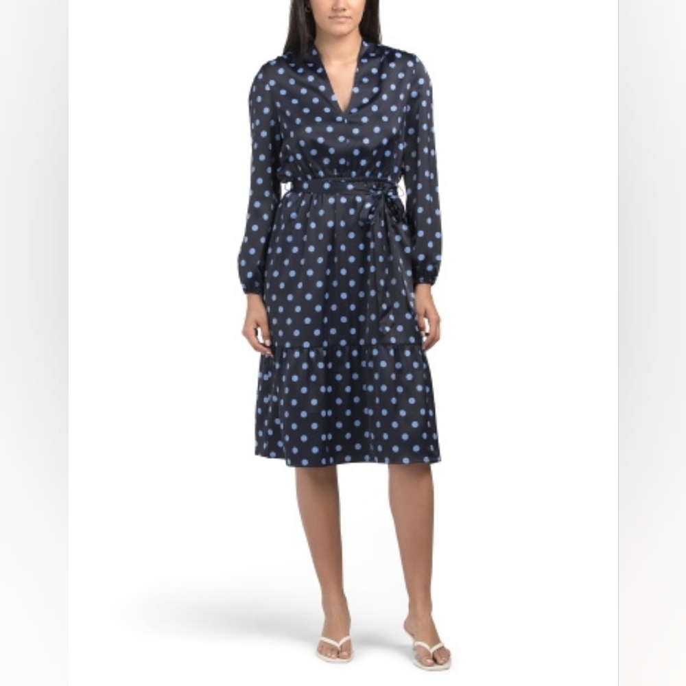 NWT - Anne Klein Stretch Martha Polka Dot Black/Azurine Tiered Midi Dress -Sz 12